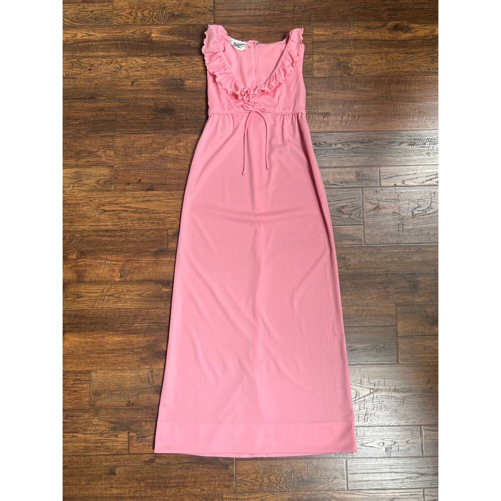 Vintage Long V-Neck Empire Waist Dress Ruffled Collar Candy Pink Editions Small